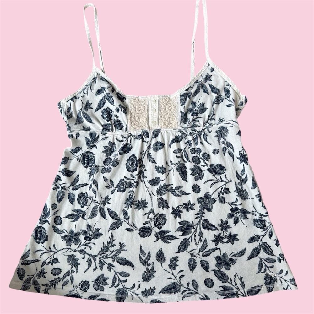 Y2K Abercrombie & Fitch white & blue floral babydoll tank top with lace detail
